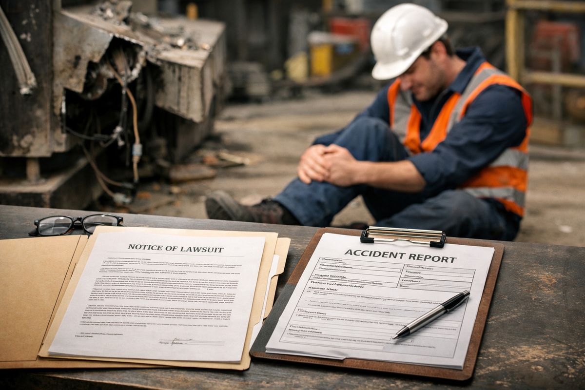 A worker in a hard hat sits on the floor near a piece of damaged industrial equipment while a folder of legal papers and a clipboard lie open on a nearby table, with a worksite in the background suggesting an injury claim that has turned into a negligence lawsuit.