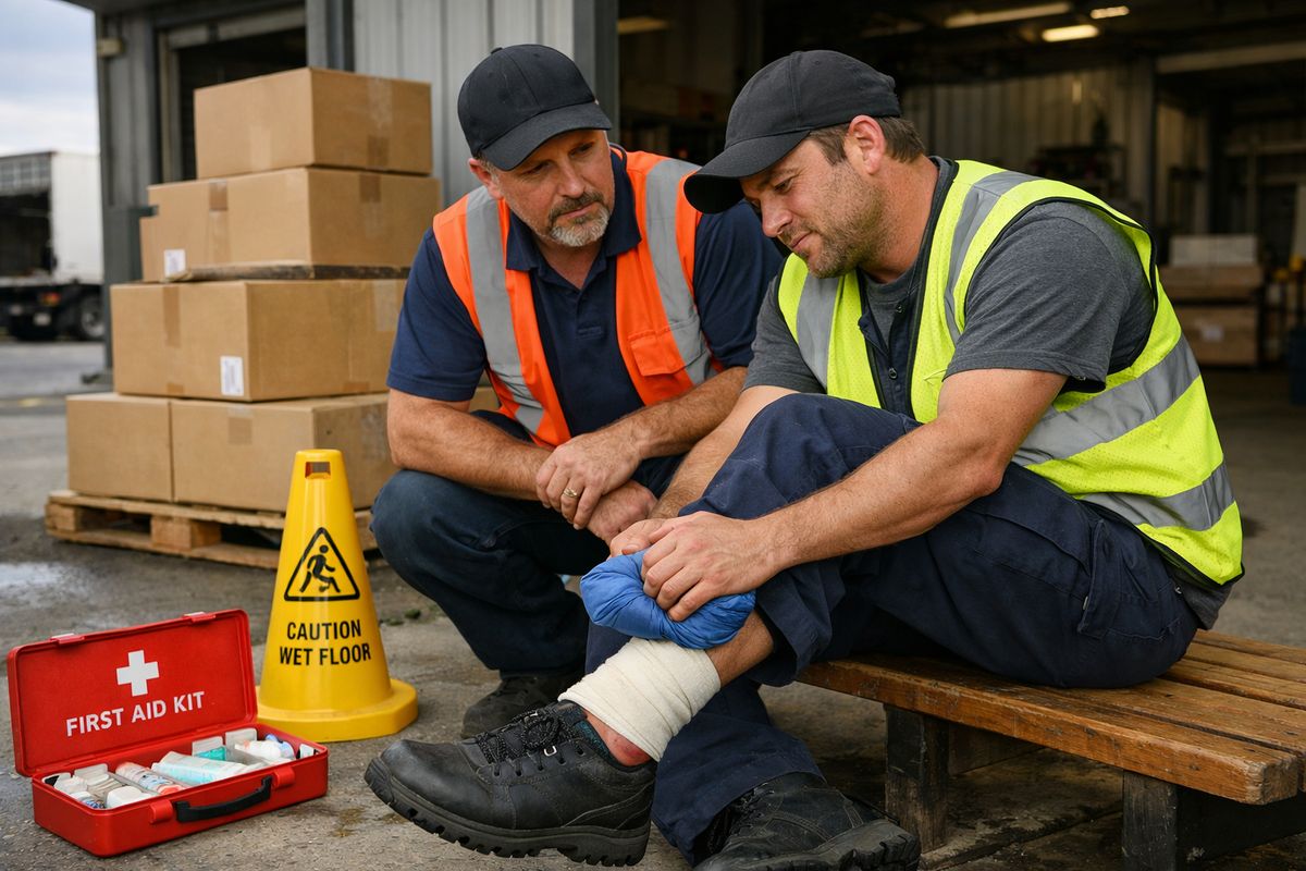 A warehouse loading area with a worker sitting on a bench holding an ice pack on a wrapped ankle while a coworker looks on, with a first aid kit, stacked boxes, and a small spill cone nearby