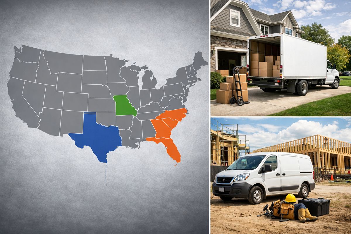 A split map of the United States with Florida, Georgia, and Texas highlighted in different colors, beside a moving truck near a suburban house and a small commercial van parked at a job site, showing different locations where insurance needs can change.