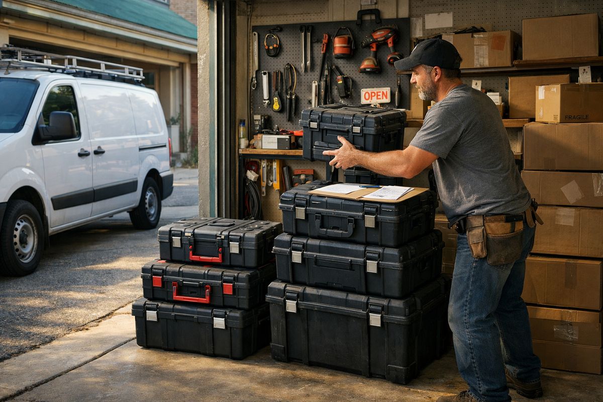 A small storefront workspace with a single work van parked outside, one set of tools on a shelf, and a business owner adding a second stack of tool cases and paperwork to a growing inventory area, showing the business expanding beyond its original setup