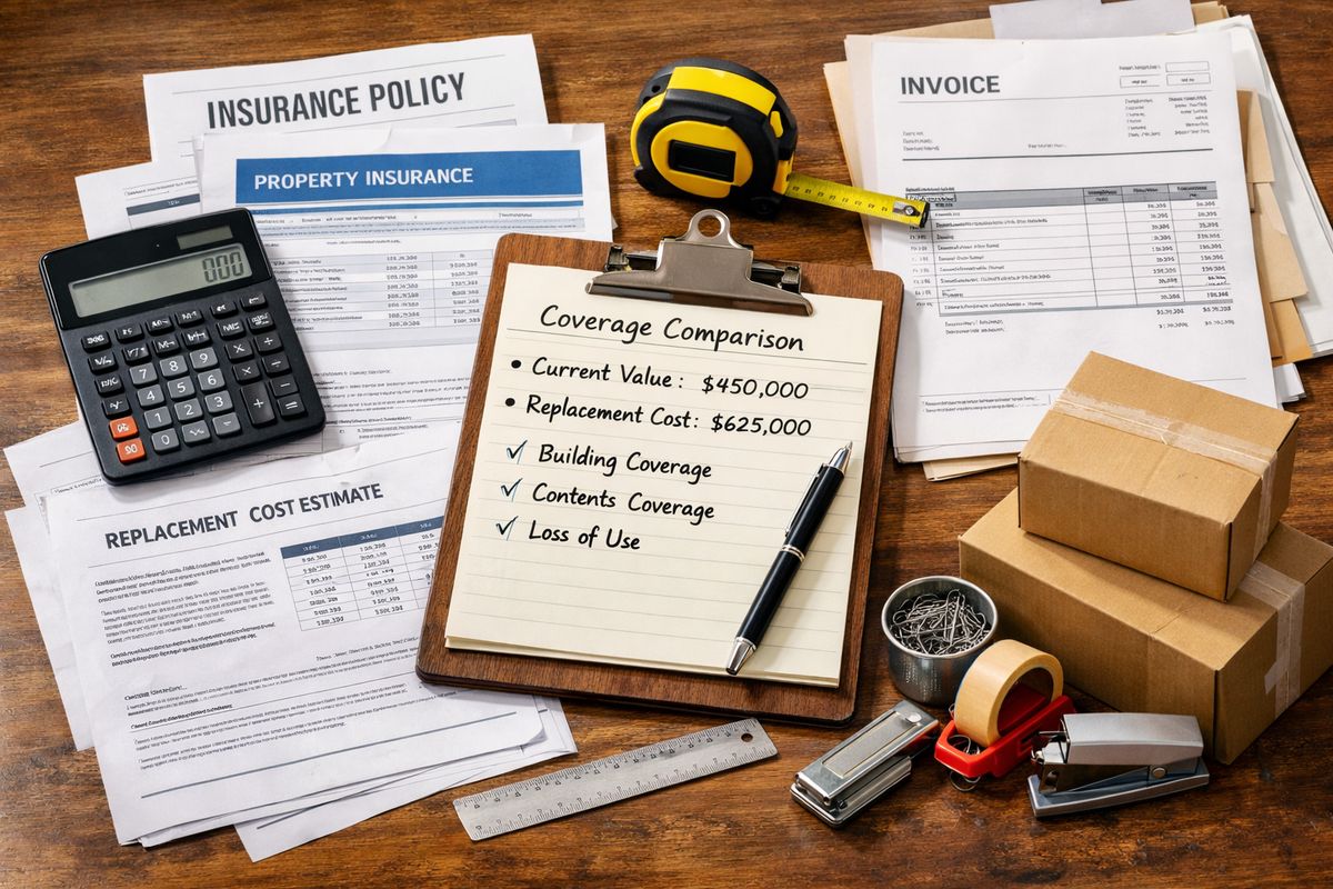 A spread of insurance policy pages beside a calculator, a clipboard with handwritten coverage notes, a tape measure, a stack of invoice papers, and a small assortment of office equipment and shipping boxes arranged on a table to compare current property values against replacement costs