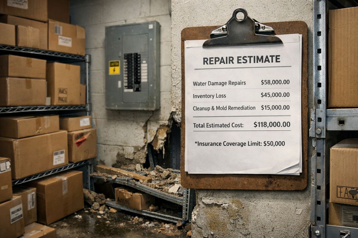 A small business office storage room with stacked inventory boxes, a wall-mounted electrical panel, and a repair estimate sheet clipped to a clipboard beside a damaged section of shelving, showing how a seemingly normal business can face losses larger than its insurance cap.