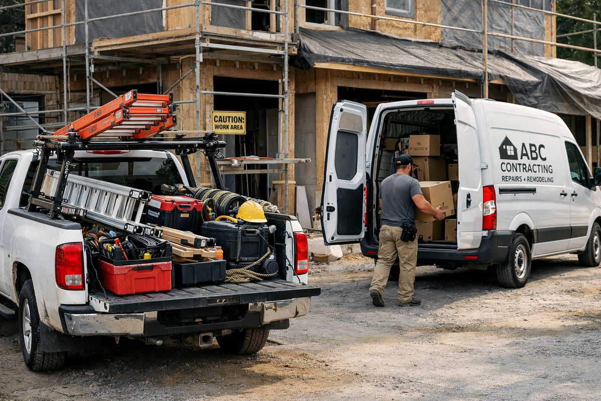 A small business pickup truck and cargo van parked outside a job site, with one vehicle carrying ladders and tools and another making a delivery stop, showing business driving, vehicle damage risk, and work equipment being transported between locations