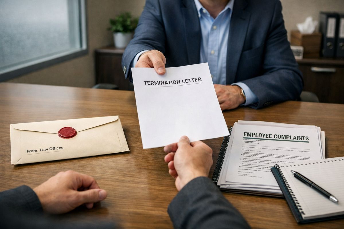A small HR meeting room with a manager handing a termination letter across a conference table while a sealed envelope from an attorney and a stack of employee complaint documents sit beside a notepad, creating a scene centered on a workplace dispute after firing or retaliation.