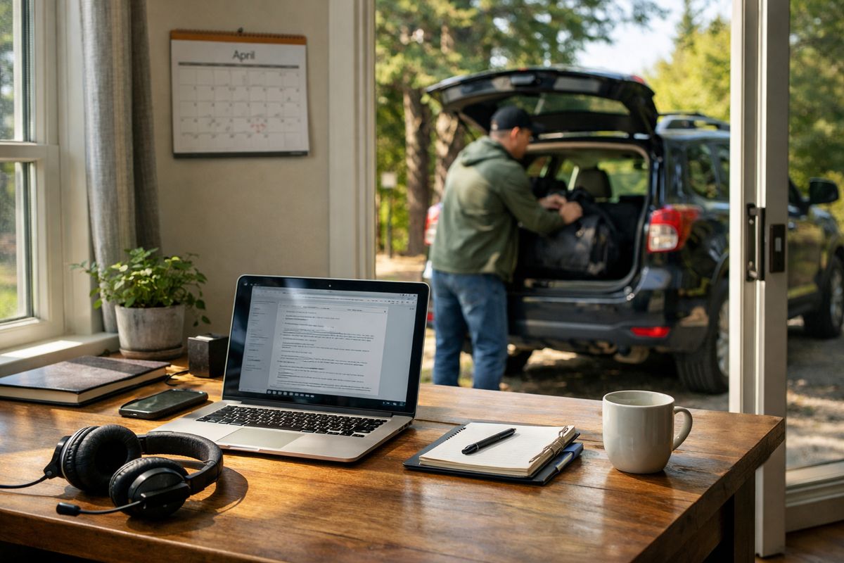 A remote employee setup with a home desk near a window, a laptop, a headset, and a calendar on the wall, while a second workspace in the background shows a person packing a bag beside a car, suggesting work happening from more than one state.