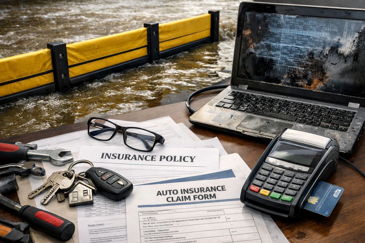 A close-up scene of insurance paperwork spread across a desk beside a set of house keys, vehicle keys, tools, and a payment card reader, with a separate floodwater barrier and a damaged laptop nearby, illustrating different gaps such as property, auto, flood, and cyber exposure