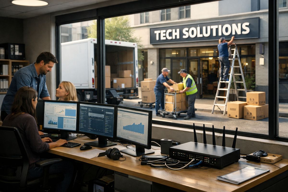 An open office workspace with a small group of employees, a new delivery truck parked outside, several cartons of equipment being unloaded, a row of monitors and a network router on a desk, and a storefront sign being installed on the building exterior to show different business growth changes
