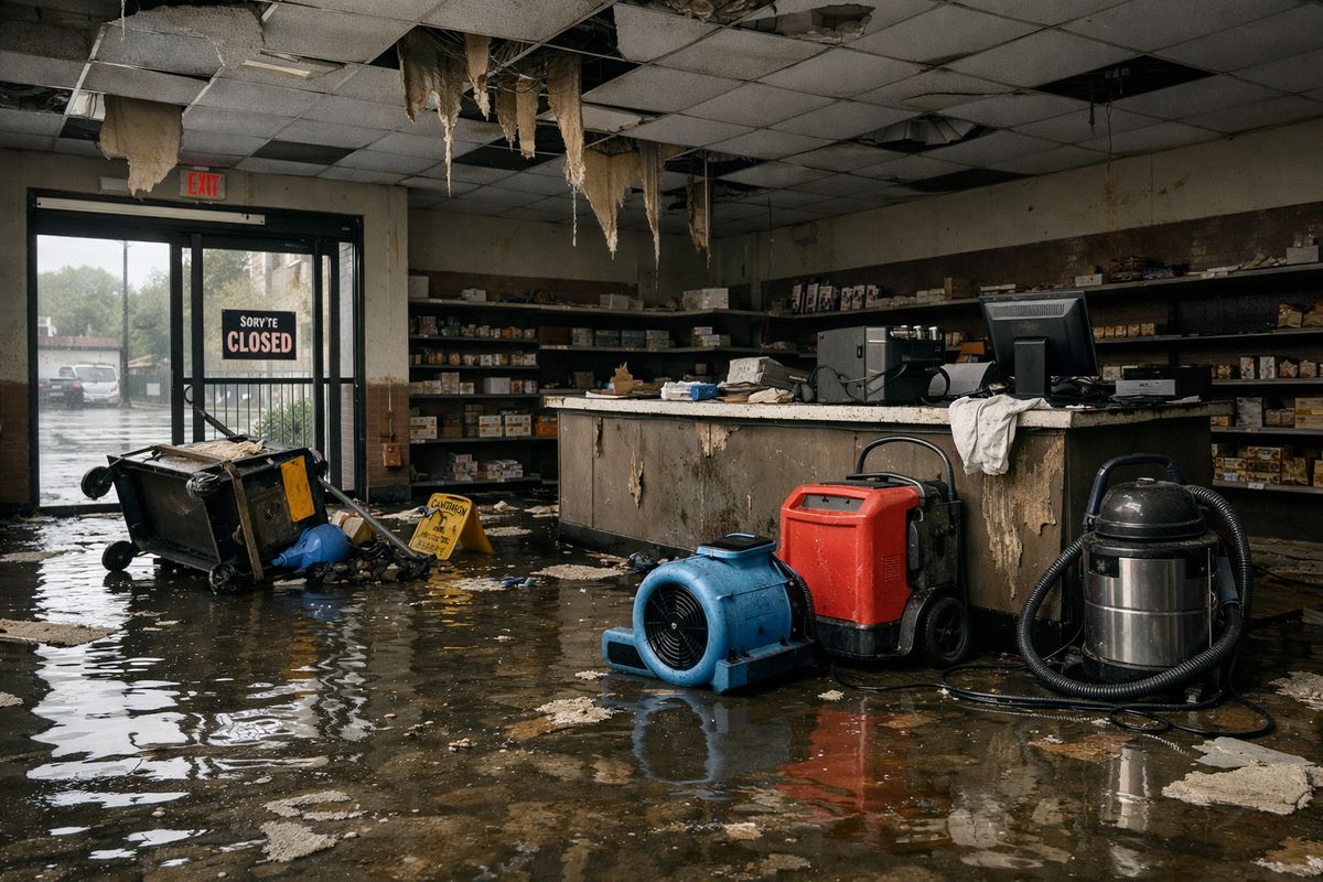 A flooded storefront interior with water pooled across the floor, torn ceiling tiles, a worker’s cart tipped over near the entrance, and cleanup equipment beside a damaged checkout counter, showing a business shutdown that takes longer to recover from than expected.
