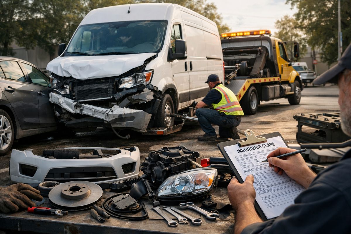 A damaged delivery van with a crumpled front bumper beside another car, while a tow truck hooks up the van and a mechanic-style inspection scene shows repair parts, emphasizing liability, collision damage, towing, and vehicle repair coverage