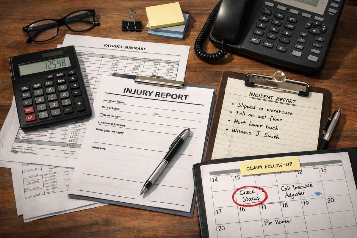 An administrative desk covered with an injury report form, a calculator, payroll sheets, a clipboard with incident notes, and a phone beside an open calendar marked with claim follow-up tasks