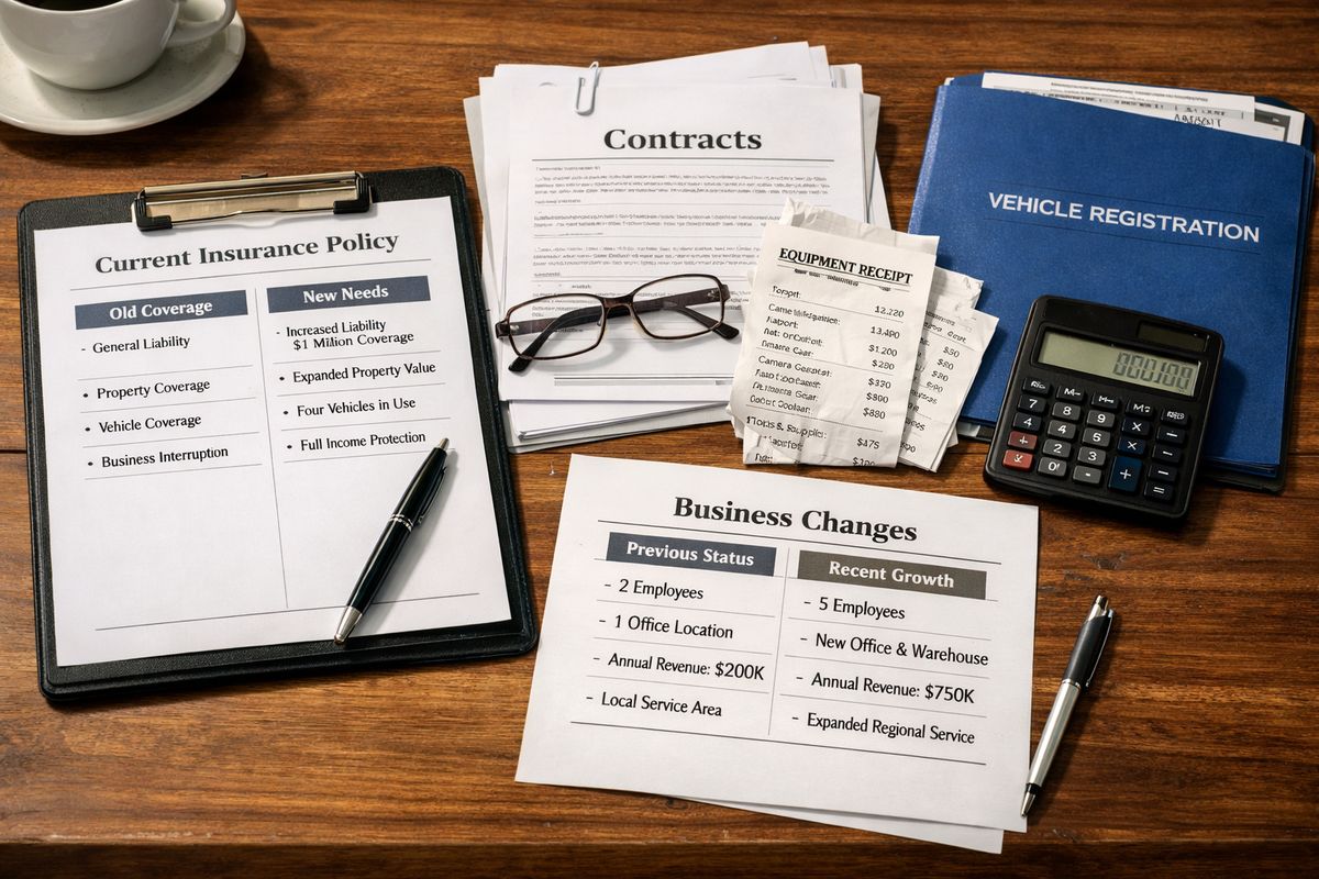 A tabletop review setup with a current insurance policy document, a stack of recent contracts, receipts for new equipment, a vehicle registration folder, and a list of business changes arranged side by side, showing a careful comparison of old coverage against recent growth