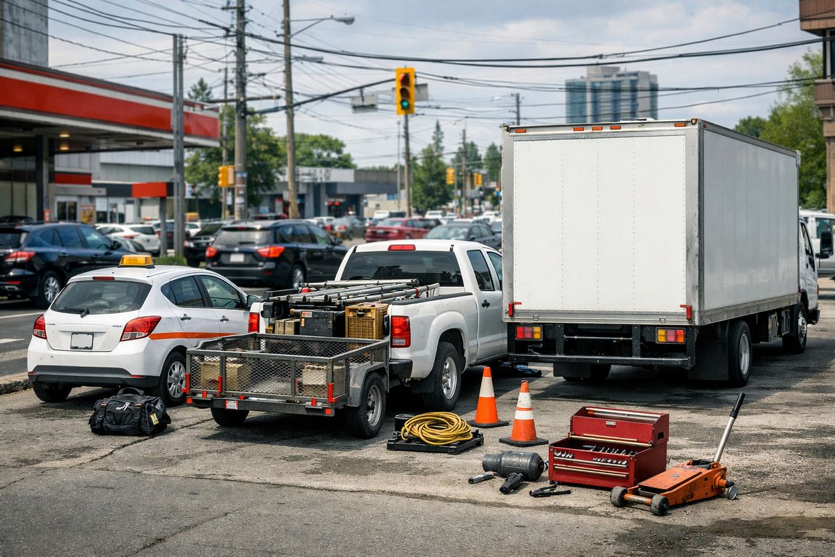 A row of different work vehicles including a compact service car, a pickup truck with a trailer, and a box truck parked in a busy urban area with traffic and repair-shop equipment nearby, illustrating how vehicle type, route conditions, and repair complexity affect insurance cost